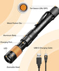 Rechargeable Pen Light With 300 Lumens Zoomable LED Pocket Flashlight UV Light Option Clip Memory Mode USB C Cable Included