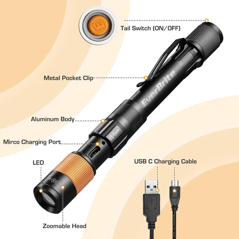 Rechargeable Pen Light With 300 Lumens Zoomable LED Pocket Flashlight UV Light Option Clip Memory Mode USB C Cable Included