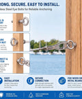Heavy Duty 304 Stainless Steel Eye Bolts With Nuts Four Pack Marine Grade used for secure anchoring on wood beams.