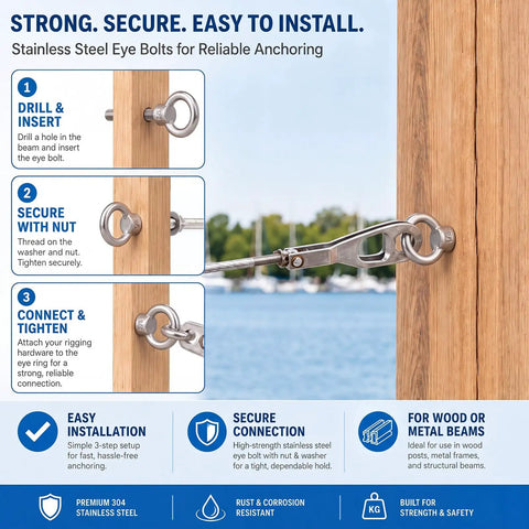 Heavy Duty 304 Stainless Steel Eye Bolts With Nuts Four Pack Marine Grade used for secure anchoring on wood beams.