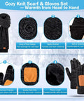 Black Mix Cozy Knit Scarf and Gloves Set features long design, suede palm grip, touchscreen-friendly, ideal for warm outdoor use.