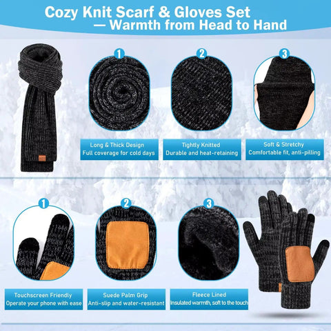 Black Mix Cozy Knit Scarf and Gloves Set features long design, suede palm grip, touchscreen-friendly, ideal for warm outdoor use.