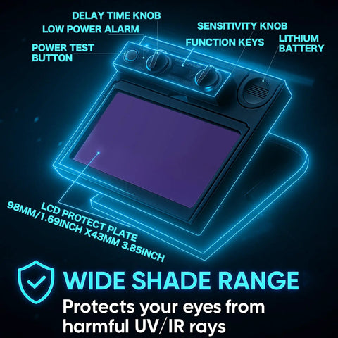 Control panel of Auto Darkening Welding Helmet With True Color Lens ANSI Z87 1 Certified Adjustable Shade 5 To 13