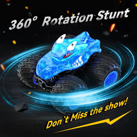 Blue monster truck RC car with light spray and LED boosters performing 360° rotation, Monster Truck Remote Control Car With Light Spray And LED Boosters 2.4GHz All Terrain RC Toy For Kids 3 Plus Totally Rugged Off Road Beast For Boys And Girls Ideal Birthday Gift.