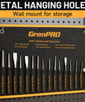 16 Piece Metal Punch And Chisel Set For Wood And Auto Projects With Precision Sharpened Edges displayed in a storage pouch on a wall.