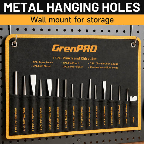 16 Piece Metal Punch And Chisel Set For Wood And Auto Projects With Precision Sharpened Edges displayed in a storage pouch on a wall.