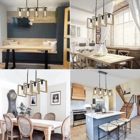 Dope Farmhouse Kitchen Light Fixtures 4 Light Adjustable Pendant Chandelier With Wood Frame And Black Metal Finish