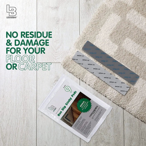 Non Slip Rug Grippers For Area Rugs Pack Of 9 Reusable Washable Anti Slip Corner Pads With Double Sided Tape product packaging on floor