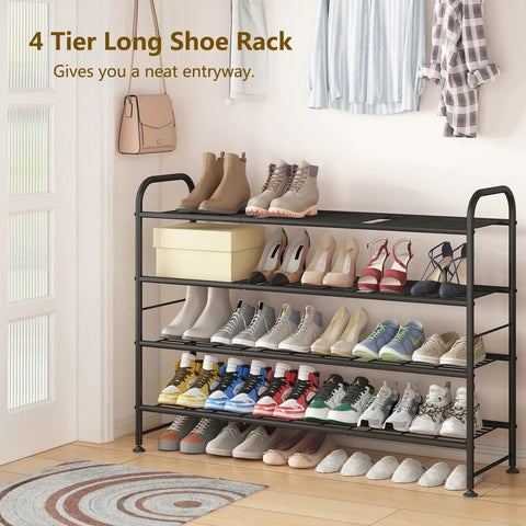 Go-To Long Four Tier Metal Shoe Rack Storage Organizer in closet with shoes, sleek gold and black finish, extra wide shelves