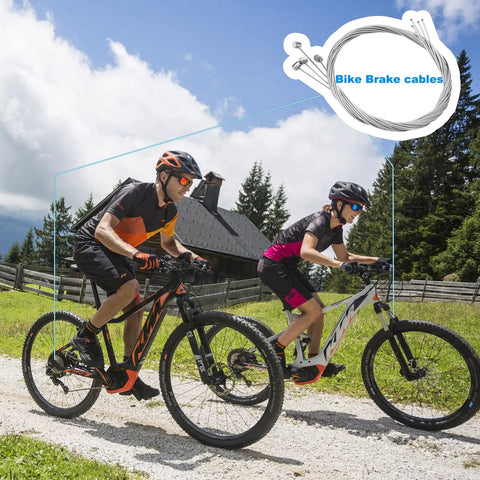 All In One Mountain Bike Brake Cable Kit Upgrade For MTB Ride Ready Pro Grade Full Replacement With 4 Brake Cables 2 Shifter Cables Housings End Caps O Rings And Universal Derailleur Cables Set alongside mountain bikers on trail