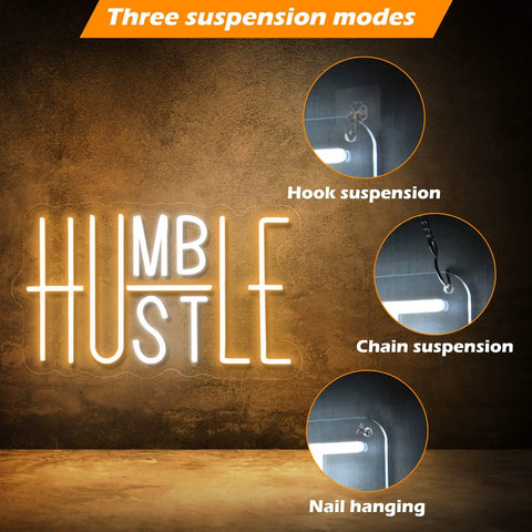 Dope Hustle Neon Sign USB Powered Wall Decor With Dimmer Switch demonstrating three suspension modes on a textured wall