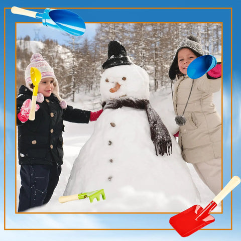 Two children building a snowman, showcasing 12 Piece Kids Beach Toys Set with metal shovels, rakes, and colorful tools.
