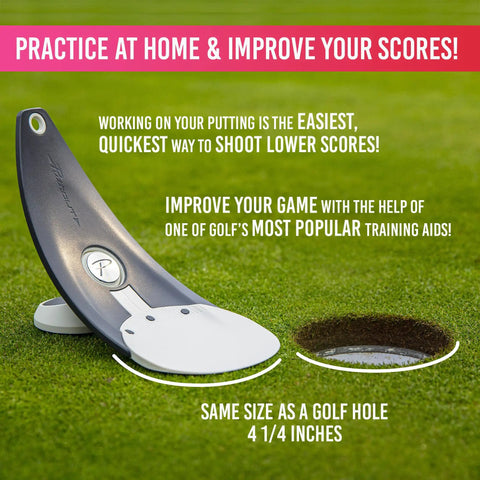 Game-Changing Pressure Putt Trainer with True Hole Replication and Instant Feedback next to golf hole on green