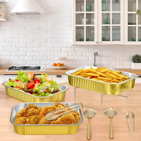 Four Sets Disposable Chafing Dishes Buffet Set With Chafer Wire Racks And Buffet Stand Kit Aluminum Pans With Lids on kitchen counter