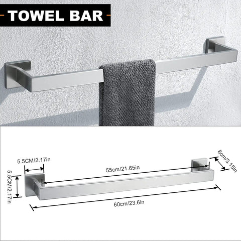 Five Piece Bathroom Hardware Set with 23.6 Inch Towel Bar, brushed nickel, wall-mounted in modern stainless steel.
