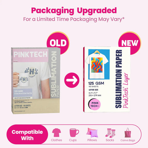 PinkTech 125Gsm Sublimation Paper packaging comparison, old vs new design, 8.5x11 inch pack of 110 sheets for inkjet printers.