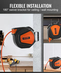 Retractable Air Hose Reel With Three Eighths Inch By Fifty Foot Hybrid Hose Up To 300 PSI For All Your Air Tools, 5 Foot Lead In, Enclosed Ceiling Or Wall Mount, 180 Degree Swivel displayed on workbench and wall