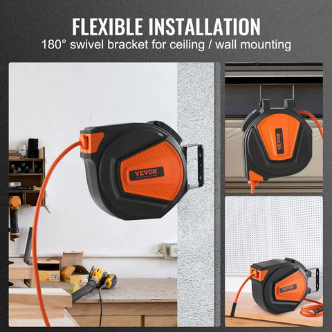 Retractable Air Hose Reel With Three Eighths Inch By Fifty Foot Hybrid Hose Up To 300 PSI For All Your Air Tools, 5 Foot Lead In, Enclosed Ceiling Or Wall Mount, 180 Degree Swivel displayed on workbench and wall
