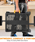 Universal Miter Saw Stand With Grid Tabletop For Accurate Cuts 300 Pound Load Capacity shown being carried by one hand