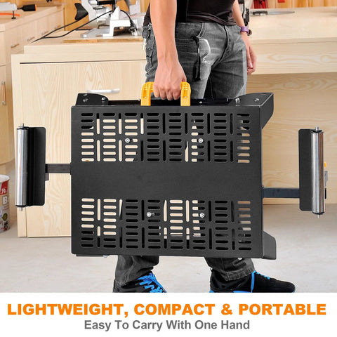 Universal Miter Saw Stand With Grid Tabletop For Accurate Cuts 300 Pound Load Capacity shown being carried by one hand