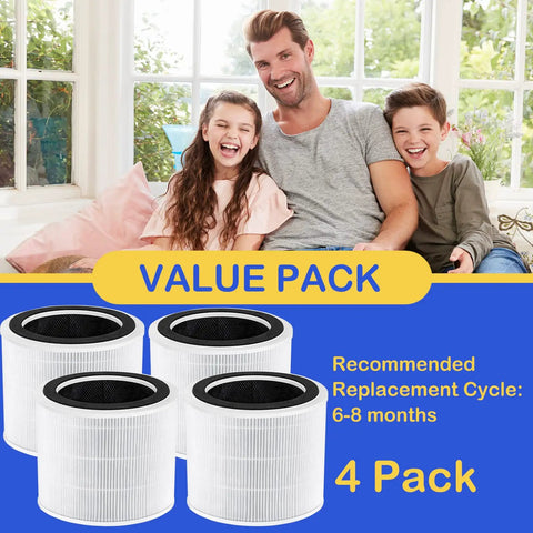 200S Replacement HEPA Filter Set With Activated Carbon For Core 200S Smart WiFi Air Purifier - 4-pack displayed with happy family