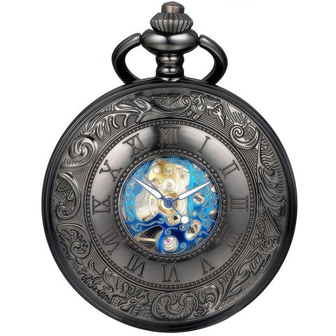 Skeleton Pocket Watch With Mechanical Movement And Double Cover Roman Numeral Dial Standable Half Hunter Photo Insert Vintage Smart Style For Men And Women Box And Chain Included