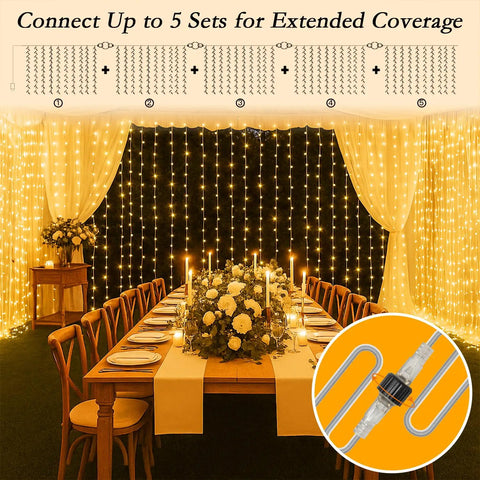 200 LED Curtain String Lights 9.8 By 6.6 Feet Plug In Fairy Lights With Timer 8 Modes Waterproof for Wedding Party Setup