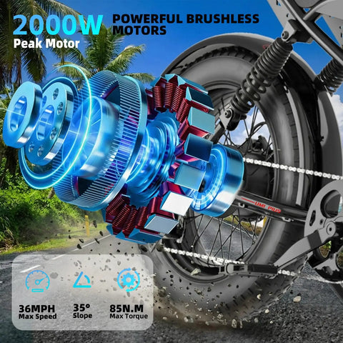 Beast 2000W Electric Fat Tire Bike with hydraulic disc brakes and powerful 2000W motor, showcasing dual suspension and rear wheel