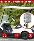 Image of a golf cart with a circled 48V 36V To 12V Voltage Converter 360W 30A Regulator, showcasing high conversion and protection features.