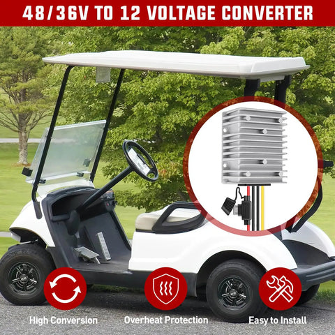 Image of a golf cart with a circled 48V 36V To 12V Voltage Converter 360W 30A Regulator, showcasing high conversion and protection features.