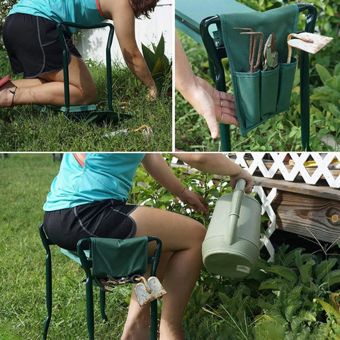 Garden Kneeler Seat 2 In 1 Folding Garden Bench With Handles And Foam Pad, features built-in tool pouches, supports up to 150kg