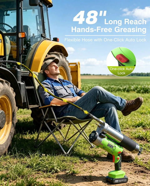 Man relaxing beside tractor with Cordless 12000 PSI Electric Grease Gun Kit, dual batteries, hose attached, in a field.
