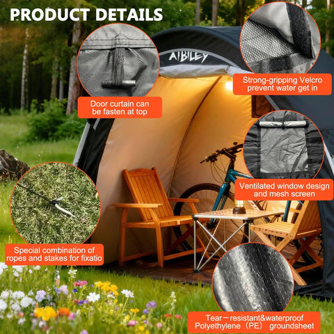Rain Covered Bike Storage Tent For 2 To 3 Bikes Outdoor Waterproof Shelter With features displayed, including zipper and ropes.