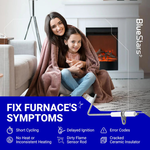 BlueStars two-pack furnace flame sensor replacement parts with sensor rod and mounting bracket in a living room scene