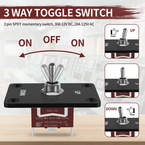 3 Way Toggle Switch 3 pin SPDT momentary switch with ON OFF ON positions and labeling, Momentary 3 Position Toggle Switch 12V DC 30A SPDT Waterproof