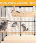 Premium Solid Pine Wood Chinchilla Suspension Bridge and Climbing Ledges in a cage with three chinchillas on wooden platforms.