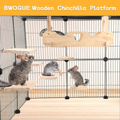 Premium Solid Pine Wood Chinchilla Suspension Bridge and Climbing Ledges in a cage with three chinchillas on wooden platforms.