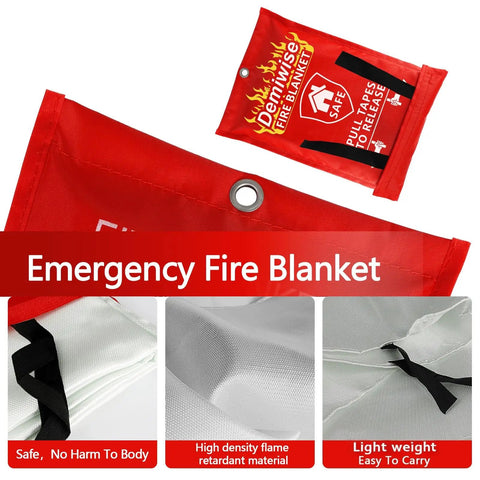 Emergency Fire Blankets For Home Kitchen And Office 4 Pack 40x40 Inches with safety features and storage bag visible