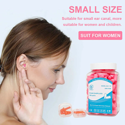 Woman using Slim Fit Foam Ear Plugs For Small Ear Canals, 100 Pairs, 35dB SNR Noise Reduction, pink, shown with packaging.
