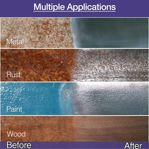 Image showing before and after effects of using 12 Pack 4.5 Inch Strip Discs With 5/8-11 Thread For Angle Grinder on metal, rust, paint, wood.