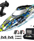 Camouflage high speed remote control boat with accessories, including portable carry case and remote, for lakes and pools.