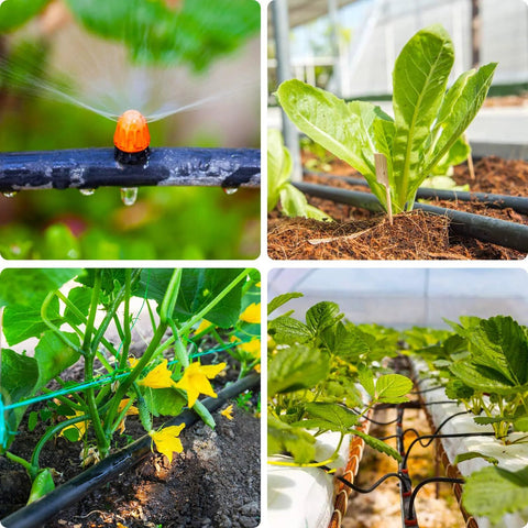 Drip irrigation fittings kit for 1/2 in tubing; 28 pieces with couplings, tees, elbows, end closures; shown installed in garden beds.
