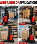 Heavy Duty Straddle Stacker Handles 3,300 Lbs With Semi Electric Lift For Tight Spaces And Tough Jobs Featuring Big Battery Power and Solid Build Quality in factory and warehouse settings.