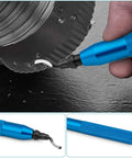 Precision Deburring Tool With 10 High Speed Steel BS1010 Blades For Effortless Edge Burr Removal On Copper Iron Aluminum And 3D Printing Plastics Including Resin Art Projects Durable Blue Handle in use on metal edge.