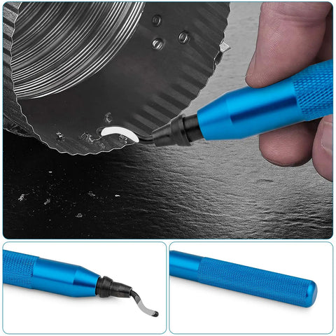 Precision Deburring Tool With 10 High Speed Steel BS1010 Blades For Effortless Edge Burr Removal On Copper Iron Aluminum And 3D Printing Plastics Including Resin Art Projects Durable Blue Handle in use on metal edge.