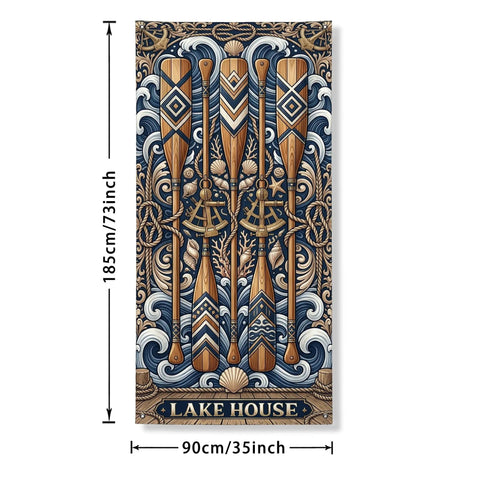 Lake house themed banner with oars and waves, 185cm tall, decorative indoor wall art.