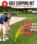 Man and child using 10x7ft Golf Net With Chipping Mat And Silk Target, Foldable Practice Net in backyard.
