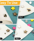 Visual instructions on using Solid 12mm Yellow Metal Star Rivets And Screw Back Studs with steps to apply them to leather.