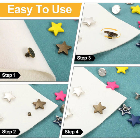 Visual instructions on using Solid 12mm Yellow Metal Star Rivets And Screw Back Studs with steps to apply them to leather.