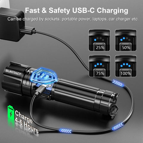 Ridiculously Bright 20000 Lumen USB Rechargeable LED Flashlight, 30W Output, 5000 Feet Beam shown charging with USB-C cable